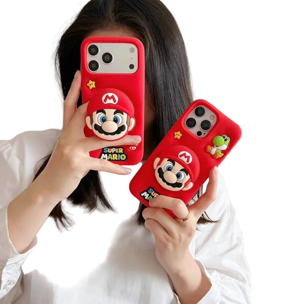 A person holding two red Super Mario phone cases in front of their face, with a large Super Mario logo and character graphics in the background.
