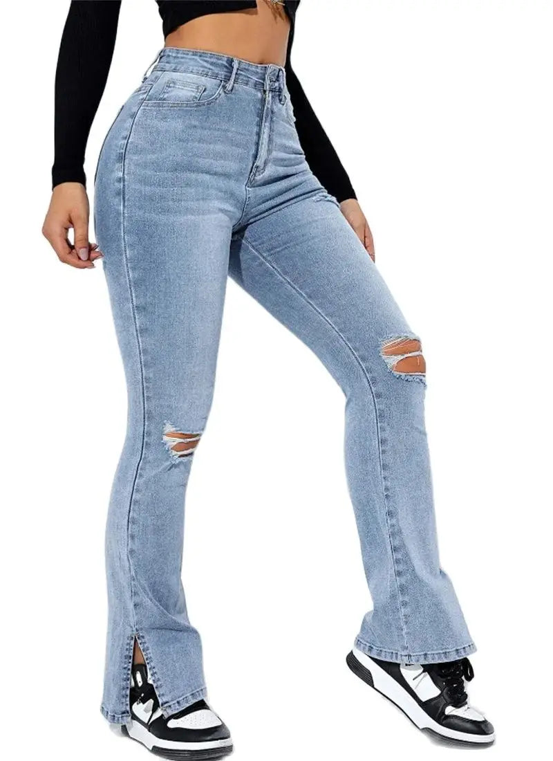 2023 Winter New Women's High Waist Ripped Leg Slit Jeans Fashion Slim Fit Stretch Denim Straight Legs Casual Trousers S-2XL