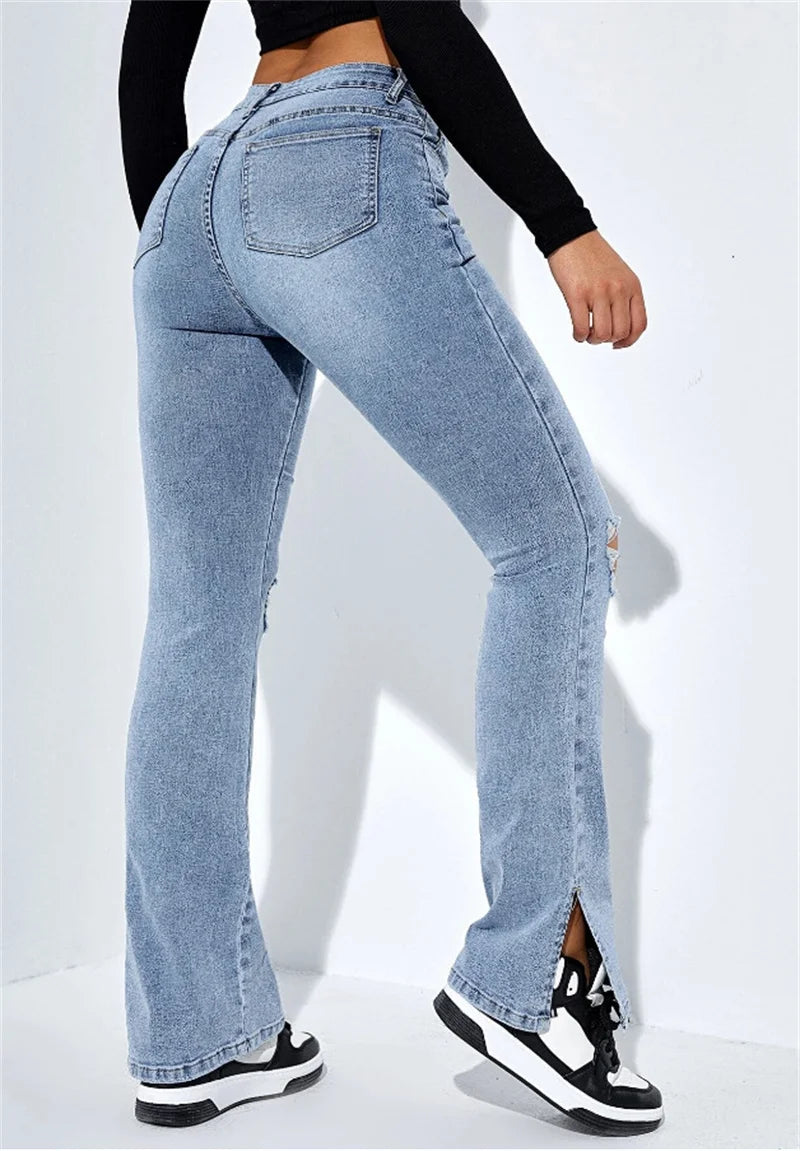 2023 Winter New Women's High Waist Ripped Leg Slit Jeans Fashion Slim Fit Stretch Denim Straight Legs Casual Trousers S-2XL