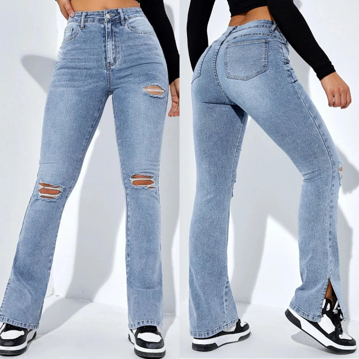 2023 Winter New Women's High Waist Ripped Leg Slit Jeans Fashion Slim Fit Stretch Denim Straight Legs Casual Trousers S-2XL