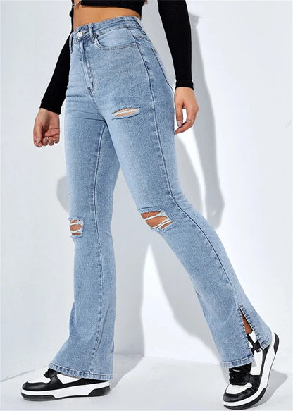 2023 Winter New Women's High Waist Ripped Leg Slit Jeans Fashion Slim Fit Stretch Denim Straight Legs Casual Trousers S-2XL