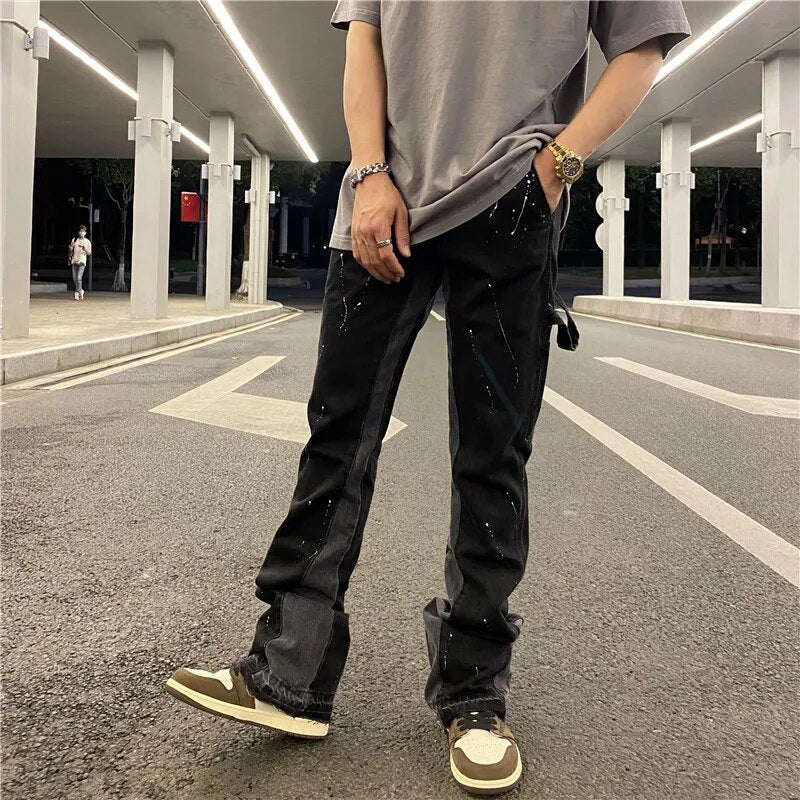 Streetwear Flared Pants Black Wide Leg Jeans Y2k Hip Hop Splashed Ink Jean Male Slim Patchwork Relaxed Fit Denim Pants for Men - TaMNz