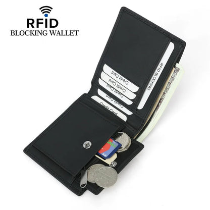 RFID Blocking Man Thin Wallet With Coin Pocket Slim Solid Black Bank Credit Card Holder For Male Short Men Genuine Leather Purse - Tamnz