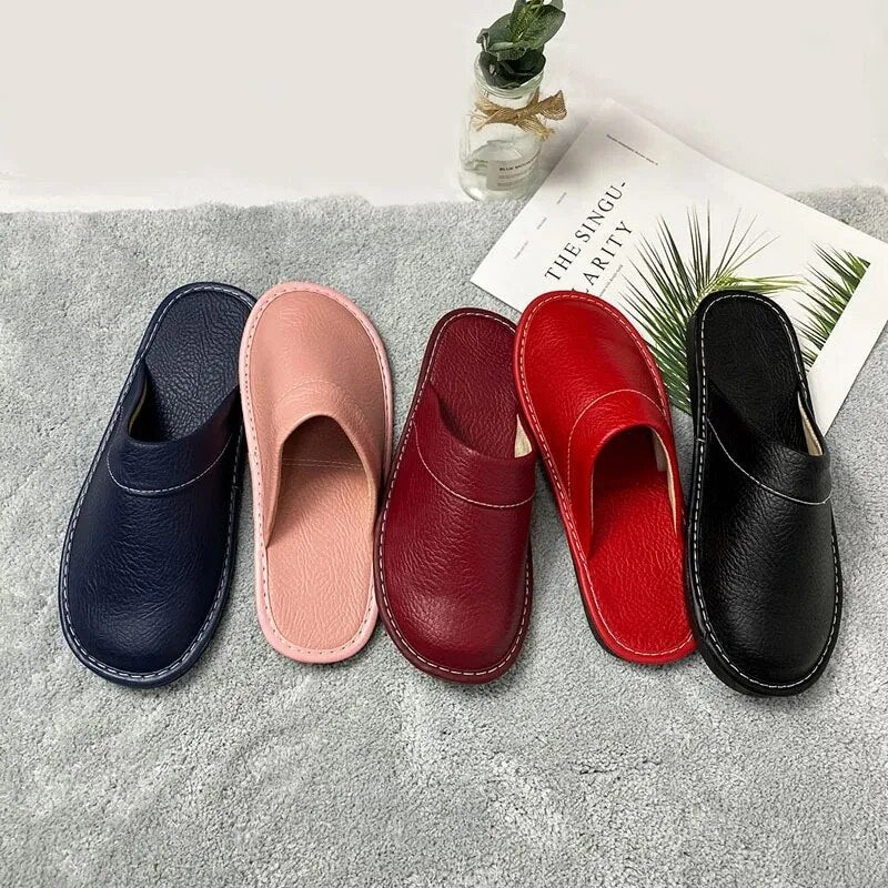 Autumn Winter Indoor Shoes Men's Slippers Man Concise Navy Blue Slides Simple Leather Home - TaMNz