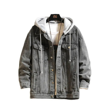 Denim Jacket Men Hooded Casual Men Jean Jackets Streetwear Solid Color Turn Down Collar Denim Coats Men Jacktes Hat Detachable - Tamnz