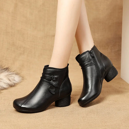 Winter Thick Heel Ankle Boots Women Warm Boots Shoes Handmade Genuine Leather Flowers Zipper - TaMNz