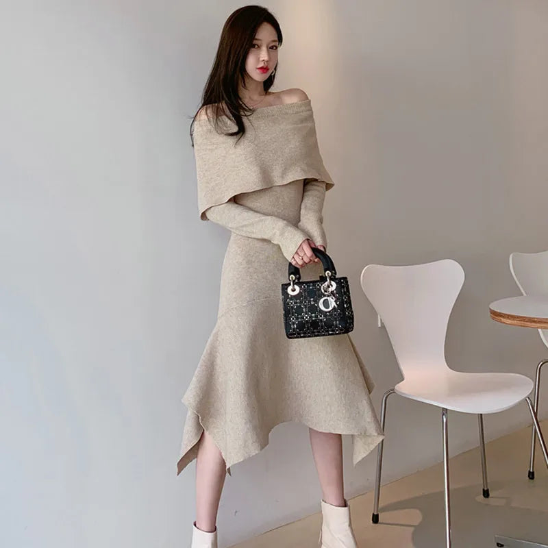 JSXDHK Women Fashion Slash Neck Midi Knitting Dress New Korean Autumn Winter Ruffles Off Shoulder Sexy Bodycon Sweater Dresses - TaMNz