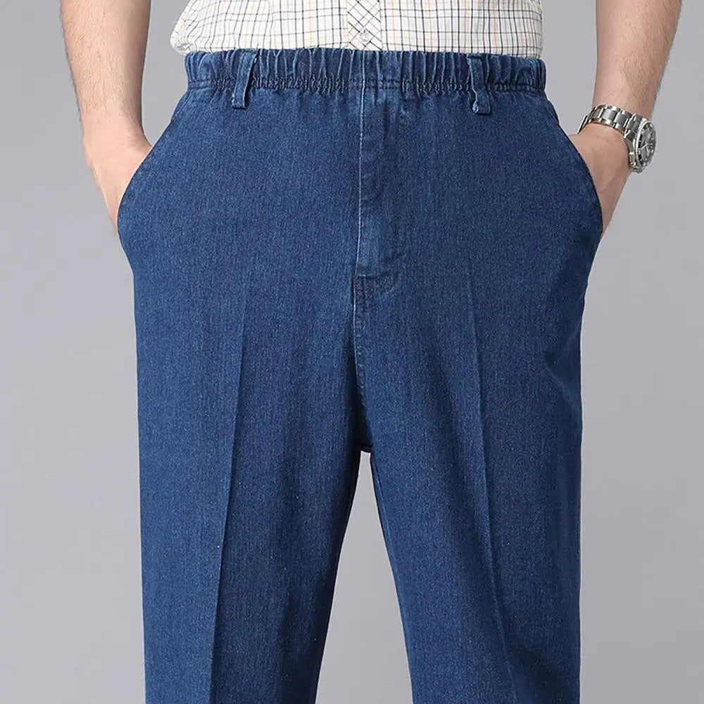 Men's Jeans Solid Elastic Belt Drawstring Straight Sleeve Denim Pants Elastic Middle and Old Men's Jeans - TaMNz