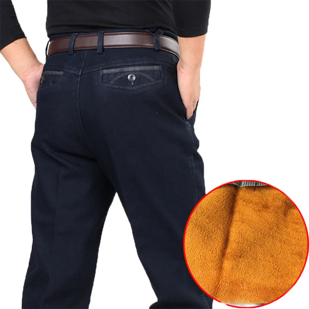 Winter Thick Fleece Denim Pants Casual High Waist Loose Long Pants Male Solid Straight Baggy Jeans - TaMNz