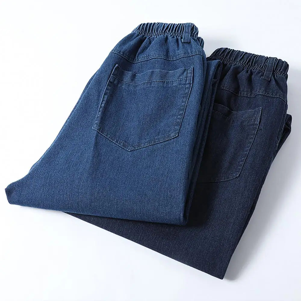 Men's Jeans Solid Elastic Belt Drawstring Straight Sleeve Denim Pants Elastic Middle and Old Men's Jeans - Tamnz