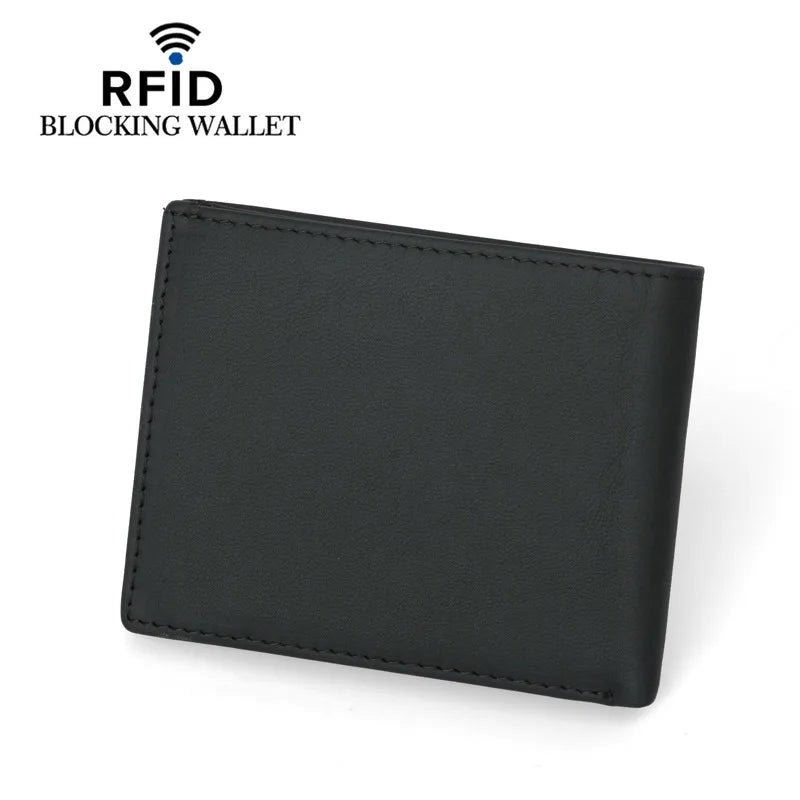 RFID Blocking Man Thin Wallet With Coin Pocket Slim Solid Black Bank Credit Card Holder For Male Short Men Genuine Leather Purse - Tamnz