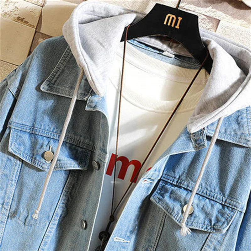 Denim Jacket Men Hooded Casual Men Jean Jackets Streetwear Solid Color Turn Down Collar Denim Coats Men Jacktes Hat Detachable - Tamnz