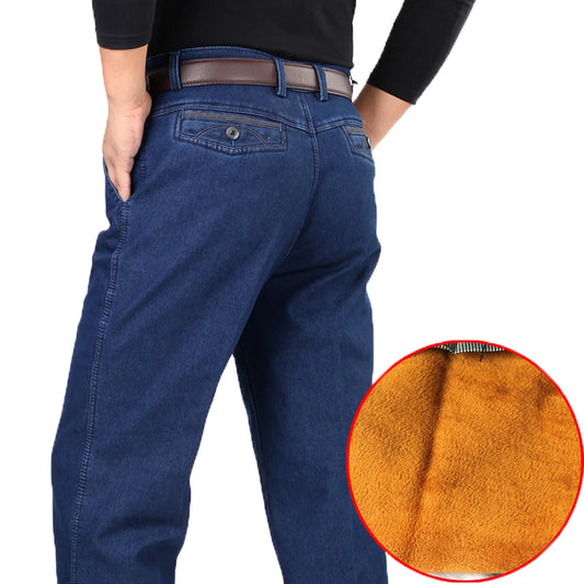 Winter Thick Fleece Denim Pants Casual High Waist Loose Long Pants Male Solid Straight Baggy Jeans - TaMNz