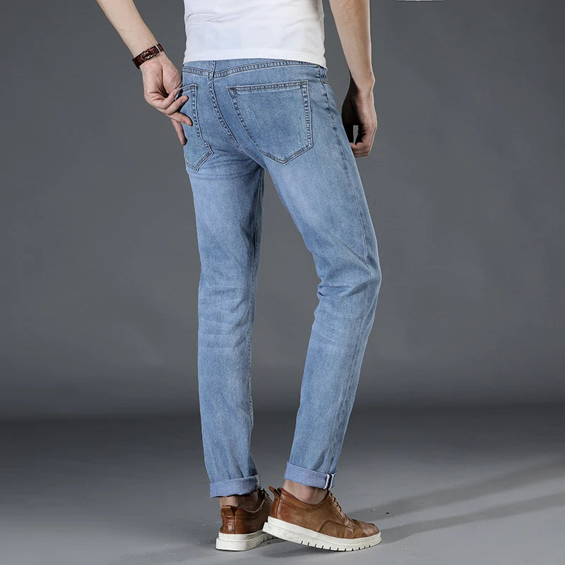 Washed Blue Elastic Force Daning Trousers Male Brand Pants Men's Slim Jeans Fashion Casual Classic Style - TaMNz