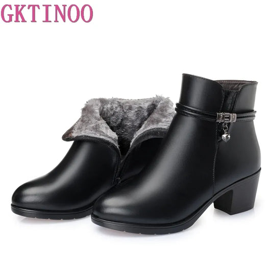 Soft Leather Women Ankle Boots High Heels Zipper Shoes Warm Fur Winter Boots