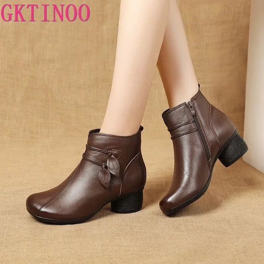 Winter Thick Heel Ankle Boots Women Warm Boots Shoes Handmade Genuine Leather Flowers Zipper - TaMNz