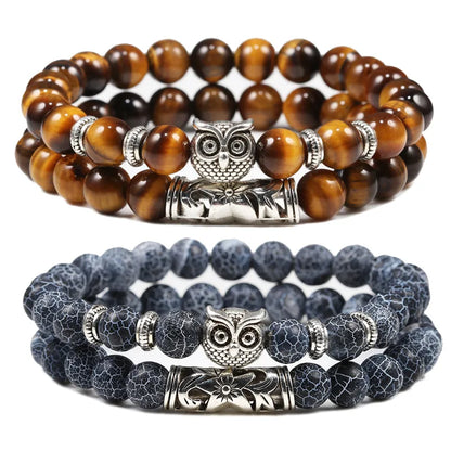 Black Lava Tiger Eye Weathered Stone Bracelets Bangles Classic Owl Beaded Natural Charm Bracelet for Women and Men Yoga Jewelry - TaMNz