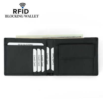 RFID Blocking Man Thin Wallet With Coin Pocket Slim Solid Black Bank Credit Card Holder For Male Short Men Genuine Leather Purse