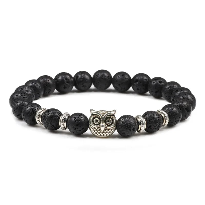 Black Lava Tiger Eye Weathered Stone Bracelets Bangles Classic Owl Beaded Natural Charm Bracelet for Women and Men Yoga Jewelry - TaMNz