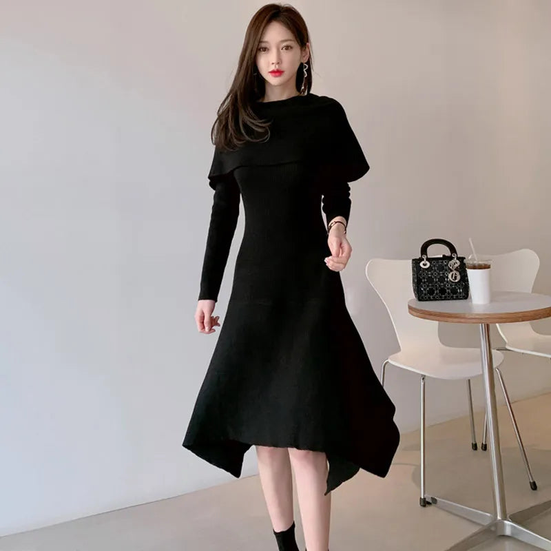 JSXDHK Women Fashion Slash Neck Midi Knitting Dress New Korean Autumn Winter Ruffles Off Shoulder Sexy Bodycon Sweater Dresses - TaMNz