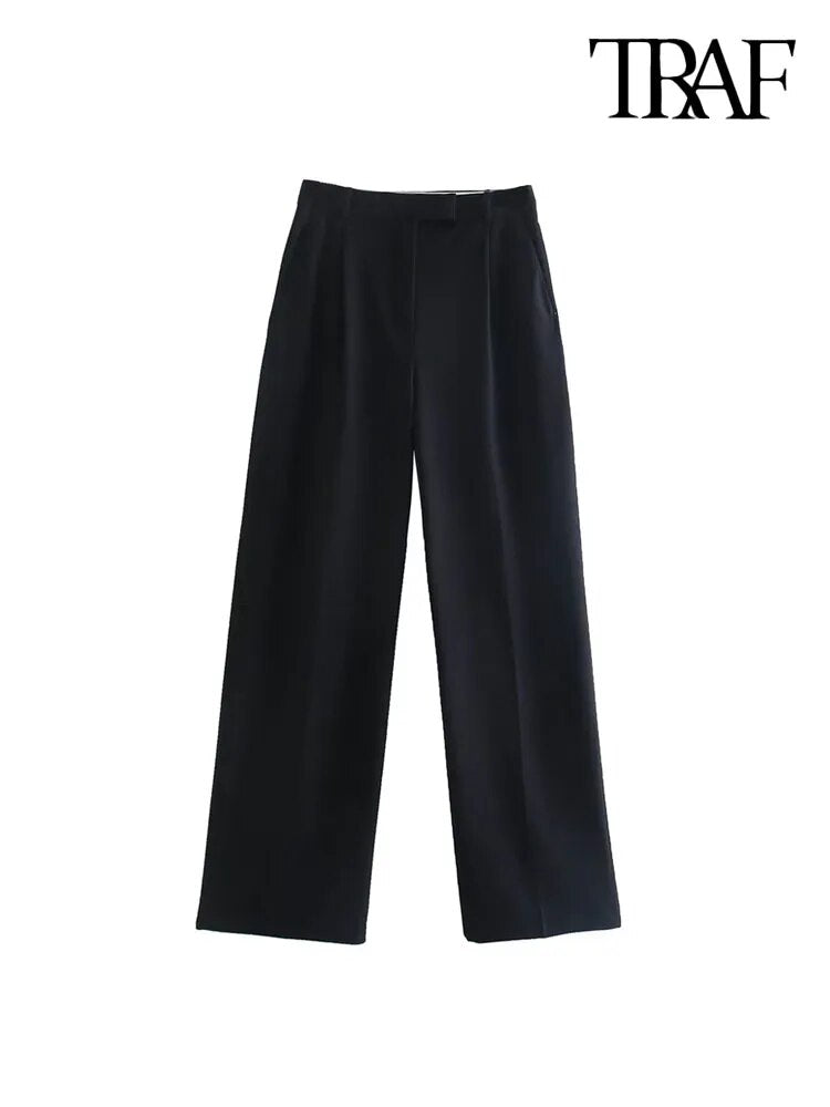 Fashion With Darts Front Pockets Wide Leg Pants Vintage High Waist Zipper Fly Female Trousers Mujer - TaMNz