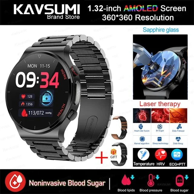 Blood Sugar Smartwatch ECG PPG Heart Rate Laser Treatment Sapphire Glass - Tamnz