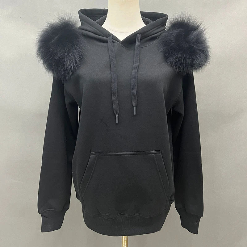 2022 New Arrival Autumn Winter Hoodie Women Fleece Pullover With Hood Real Fox Fur Lady Coat Jackets S5185 - Tamnz