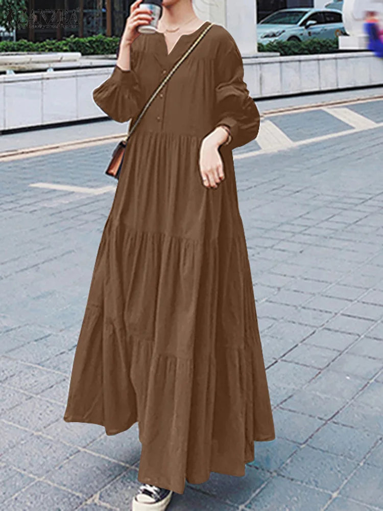 Women Autumn Maxi Dresses ZANZEA Fashion Long Dress Long Sleeve V Neck Ruffles Sundress Robe Femme Casual Loose Solid Vestidos - TaMNz
