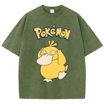 Pokemon Psyduck Girl T-Shirts Summer American Retro Cotton T-Shirt Funny O-Neck Preppy Style Oversizedheavyweightshort Sleeved