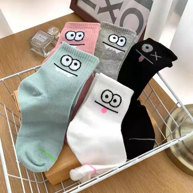 5 Pairs Cute Expression Print Socks, Comfy & Funny All-match Mid Tube Socks, Women's Stockings & Hosiery - TaMNz