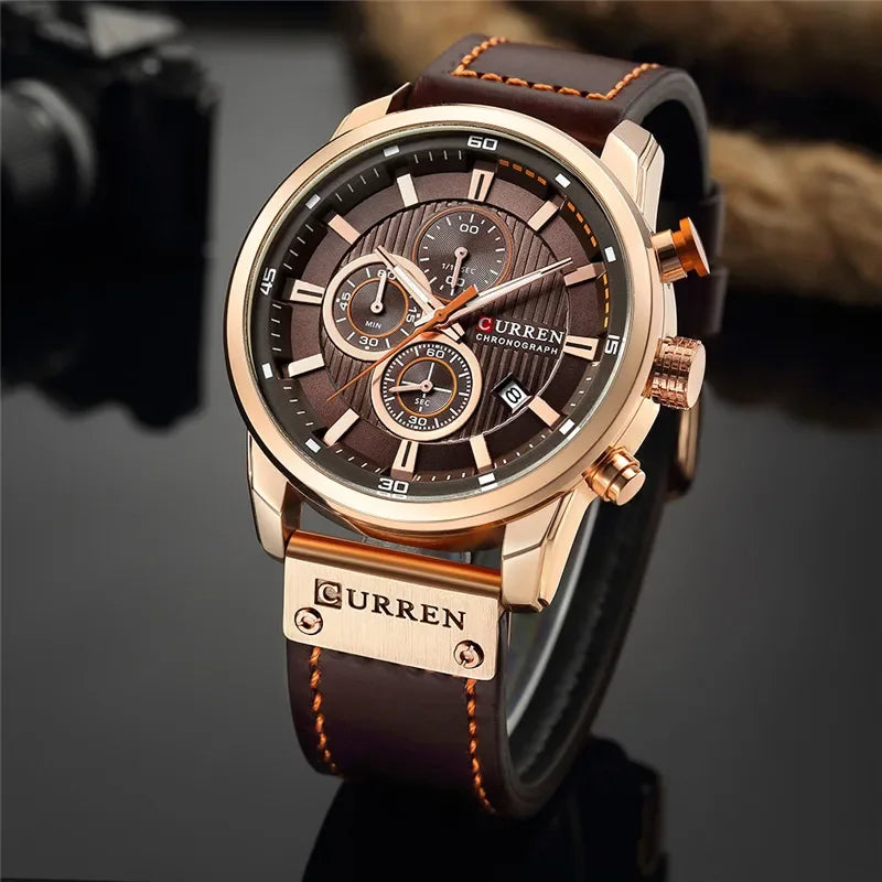 CURREN Men Watch Top Brand Luxury Chronograph Auto Date Waterproof Sport Male Clock Leather Military Original Wristwatch 8291