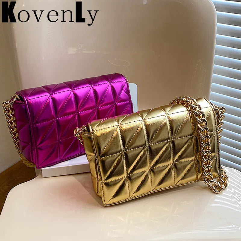 Woman Bags Quilted Shoulder Bags For Women Shiny Gold Handbag Metal Chain Small Single Shoulder Bag - TaMNz