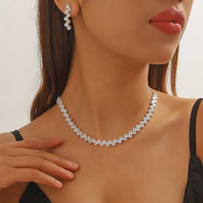 Luxury Geometric Zircon Necklace Earrings Women Crystal Earrings for Wedding Bride Jewelry Sets Accessories - TaMNz