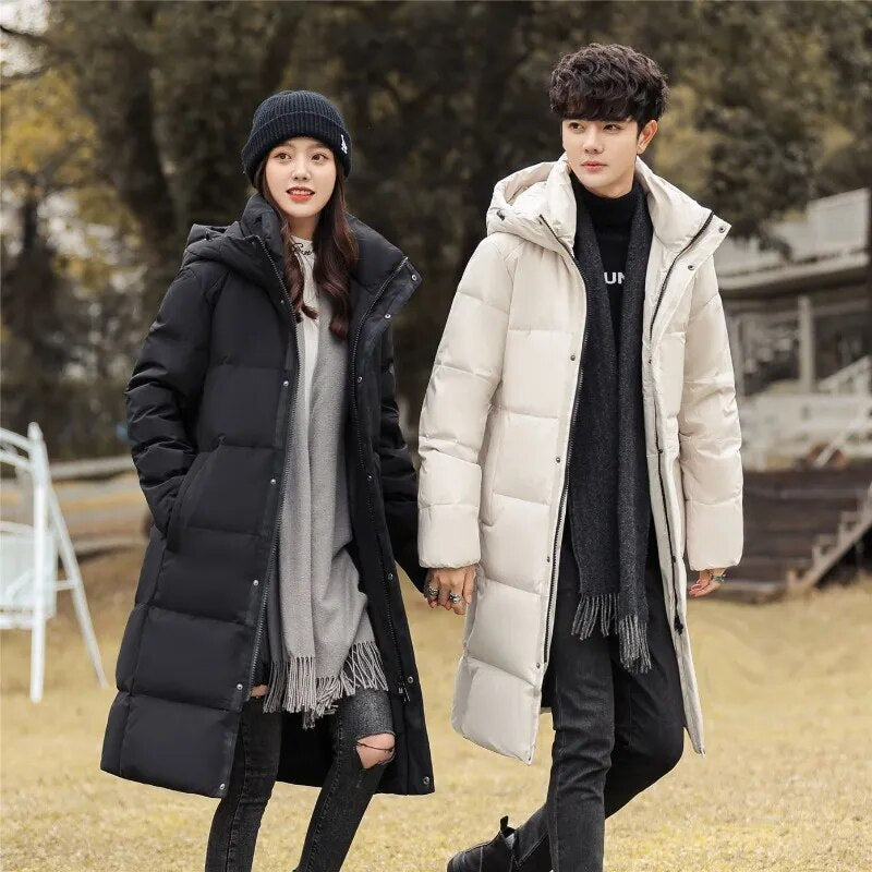 New Arrivals Men's Couple X-long Slim Fit Korean Down Jackets Female Thick （Winter) 90% White Duck Down Warm Hooded Down Coat - TaMNz