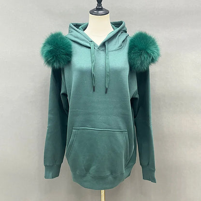 2022 New Arrival Autumn Winter Hoodie Women Fleece Pullover With Hood Real Fox Fur Lady Coat Jackets S5185 - Tamnz