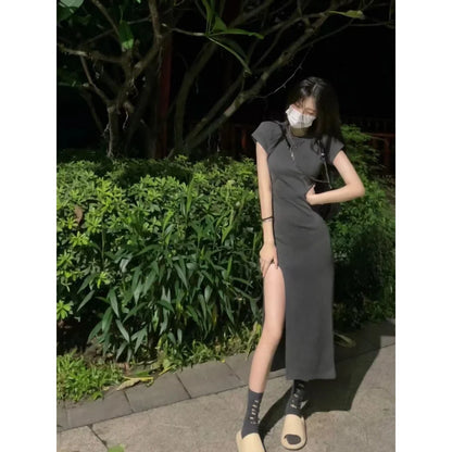 Side Slit Midi Short Sleeve Dress for Women Sexy Club Ladies High Street Y2k Clothes Mujer Ropa Tender Hipster Slim Fit Summer - TaMNz