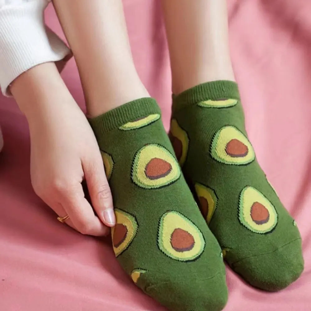 5 Pairs Avocado Crew Ankle Socks Cartoon Fresh Fashion Breathable Summer And Autumn Kawaii Comforts Women's Low Cut Boat Socks - Tamnz