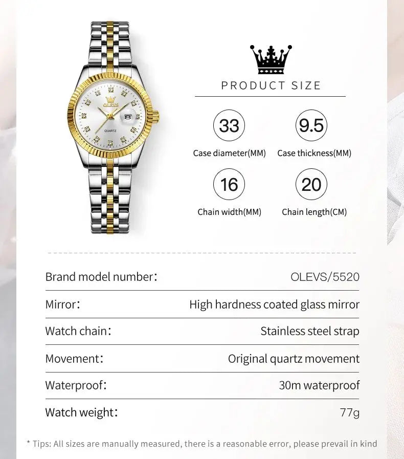 OLEVS 5526 Quartz Elegant Dress Wristwatch Luxury Stainless Steel Waterproof Watch For Women Date Display Original Woman Watches