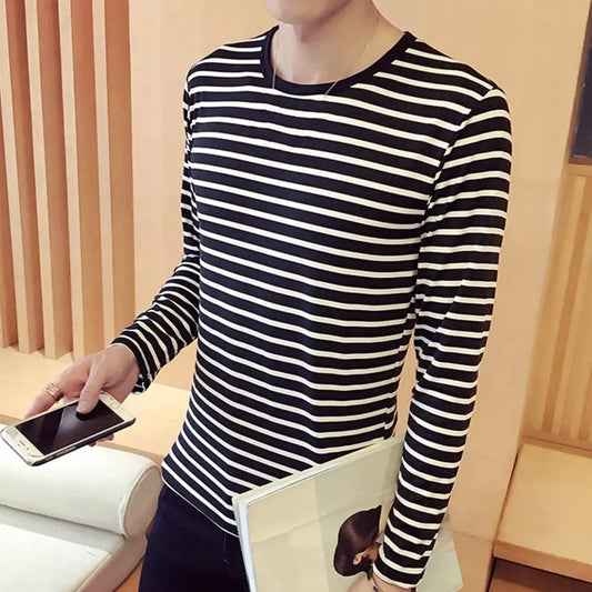 Men Top Striped Pattern Long Sleeves Round Neck Machine Washable Non-Fading Decorative Polyester Bottoming Shirt Casual Pullover - TaMNz