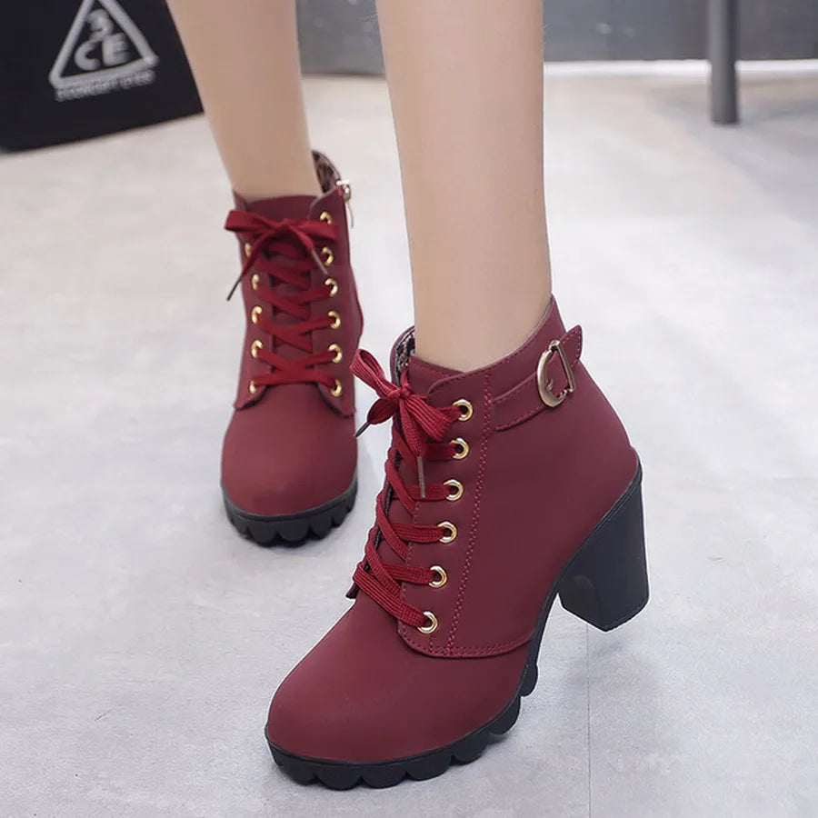 Spring Winter Women Pumps Boots High Quality Lace-up European Ladies Shoes PU High Heels Boots Fast Delivery - TaMNz