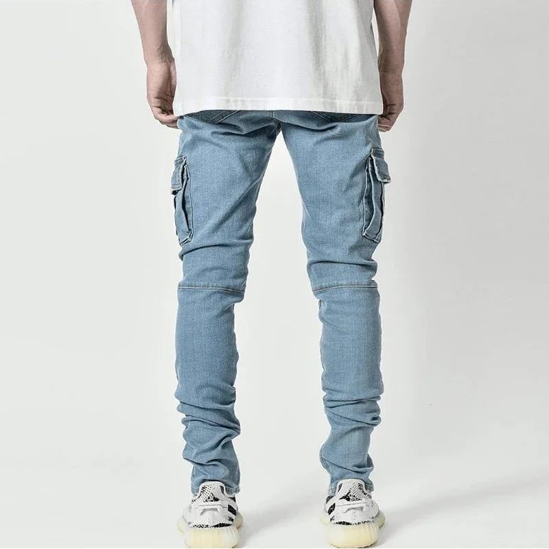 Jeans Men Pants Wash Solid Color Multi Pockets Denim Mid Waist Cargo Jeans Plus Size Fahsion Casual Trousers Male Daily Wear - TaMNz