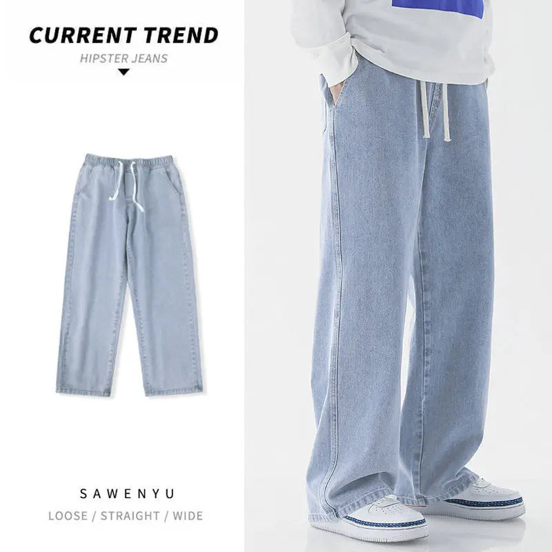 Korean Casual Baggy Jeans Pants Lace Up Elastic Waist Wide Leg Pants Preppy Harajuku Oversize Denim Straight Trousers Streetwear - TaMNz