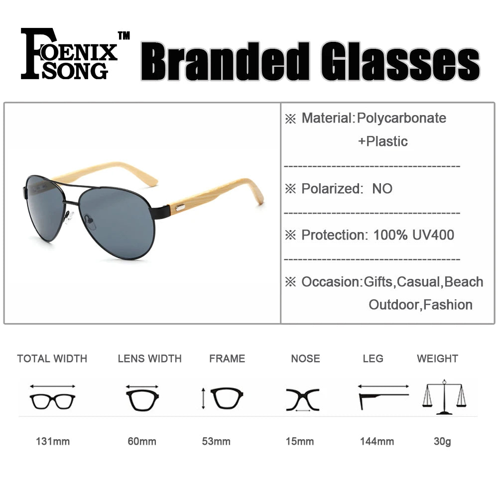 Flat Top Pilot Bamboo Men's Glasses UV400 Eyewear Gafas Oculos Lentes - TaMNz