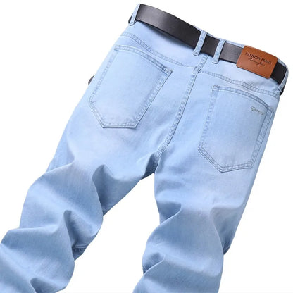 Thin Jeans Classic Style Fashion Stretch Regular Fit Denim Trousers Male Brand Men's Washed Light Blue - TaMNz
