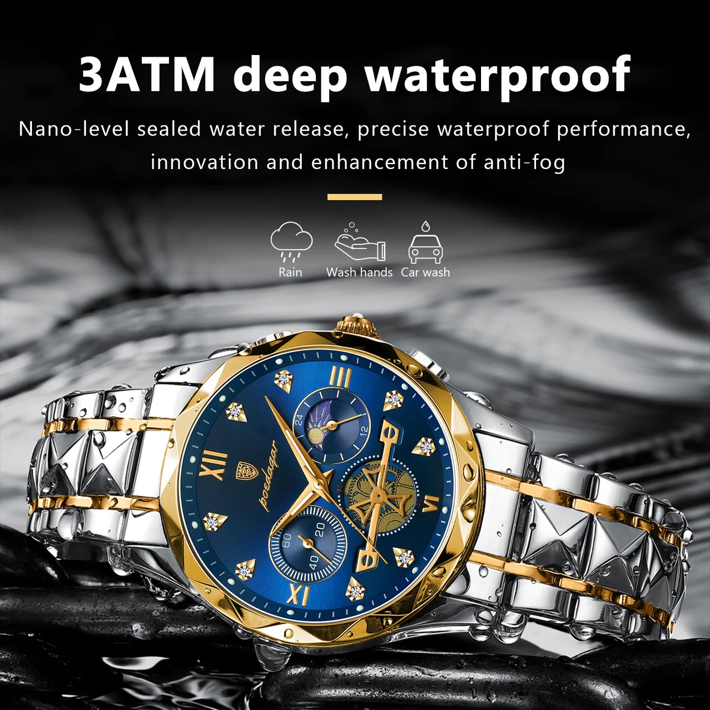 Luxury Man Wristwatch Waterproof Luminous Chronograph Stainless Steel Quartz Watc