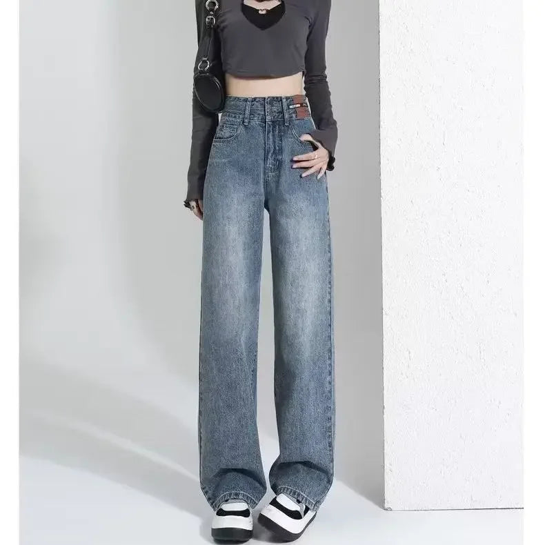 Vintage High-waisted Slimming Jeans Women's Straight-leg Pants Hong Kong Style Bell Bottoms Trendy Gradient Pants For Women