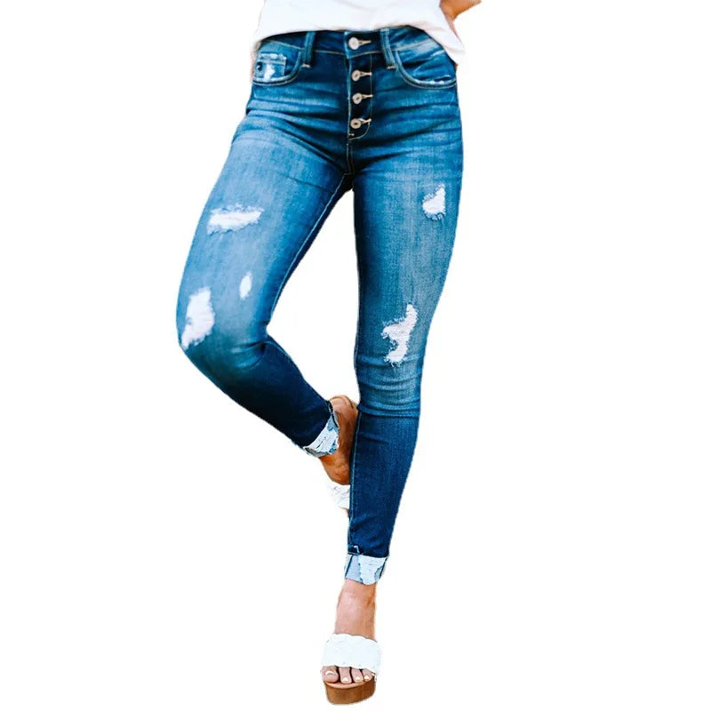 Women Denim Jeans Single Breasted Button Pencil Pants Washing Spliced Slim Fit Holes Pockets Slight Strech High Street