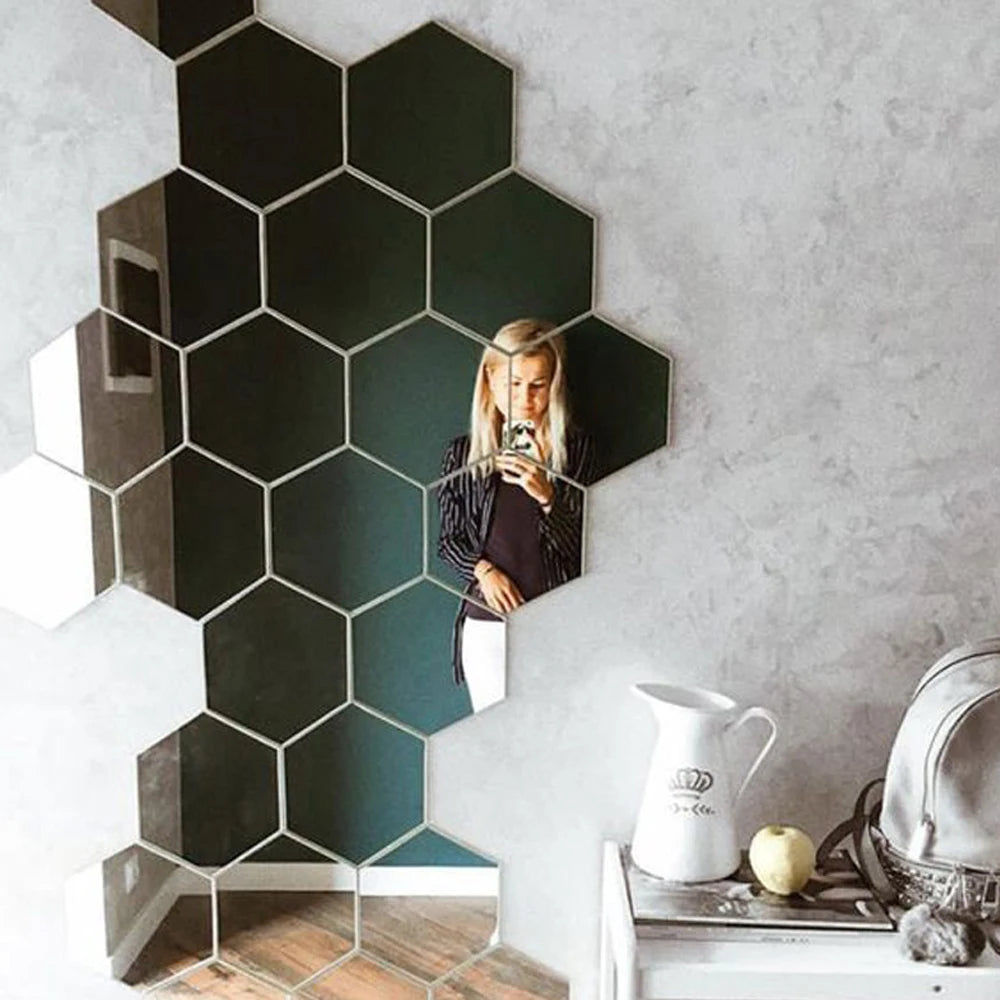 6/12pcs 3D Hexagon Mirror Wall Sticker Rose Gold DIY TV Background Living Room Stickers Wall Decor Bedroom Bathroom Home Decor - Tamnz