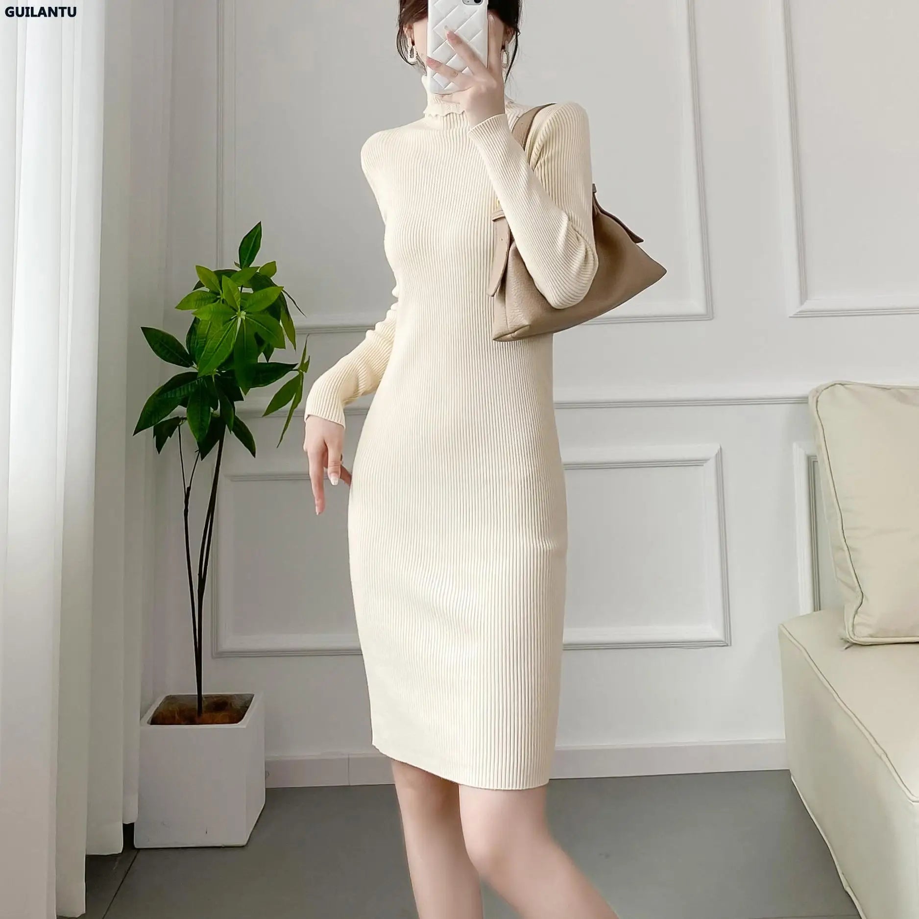 Autumn Winter Turtleneck Long Sleeve Knitted Dresses Women Korean Style Elegant Casual Office Sweater Dress Bodycon Midi Dress - TaMNz