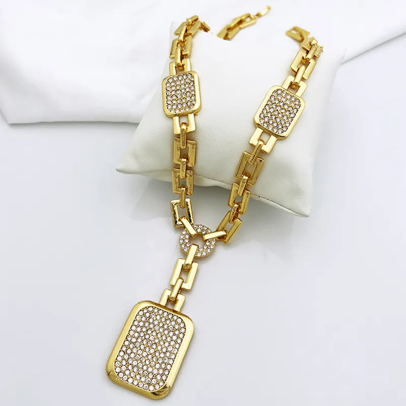 Dubai Gold Plated Jewelry Set Square Pendant Necklace Earrings Ring Bracelet For Women Bride Wedding Party Jewelry Free Shipping - TaMNz